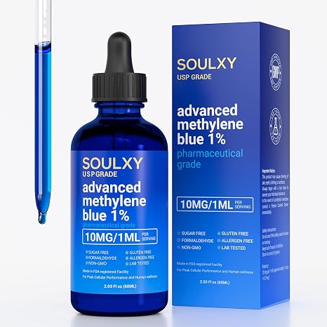 Advanced Methylene Blue 1% USP Pharmaceutical Grade - Methylene Blue Drops 99.9% Pure Solution for Balance, Clarity, Focus and Cellular Support - Vegan, Non-GMO, Dye Free 10 mg / 1 ml - 60 ml