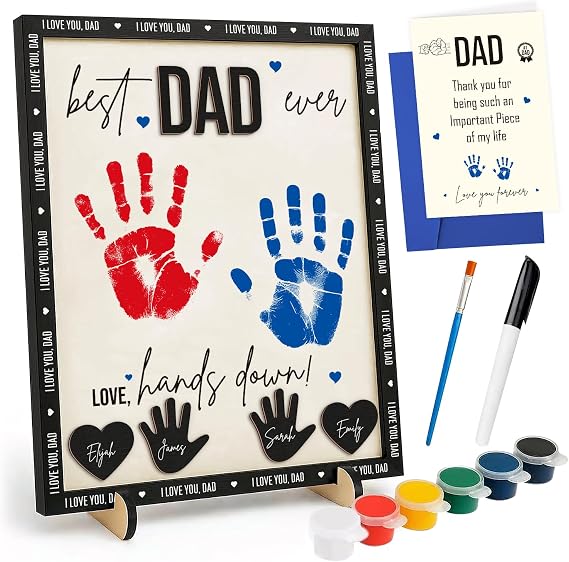 Father's Day Gifts for Dad Handprint Craft Kit For 10" Best Dad Ever Display Personalized Keepsake Desk Decor 8x10 in Board With Stand