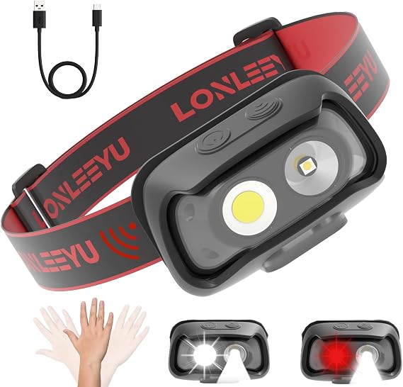 LED Headlamp Rechargeable,6Modes Super Bright Headlight Flashlight | White & Red Light, Spotlight & Floodlight, Motion Sensor, 6+H Runtime, IPX4 Waterproof for Camping, Hiking, Running, Fishing