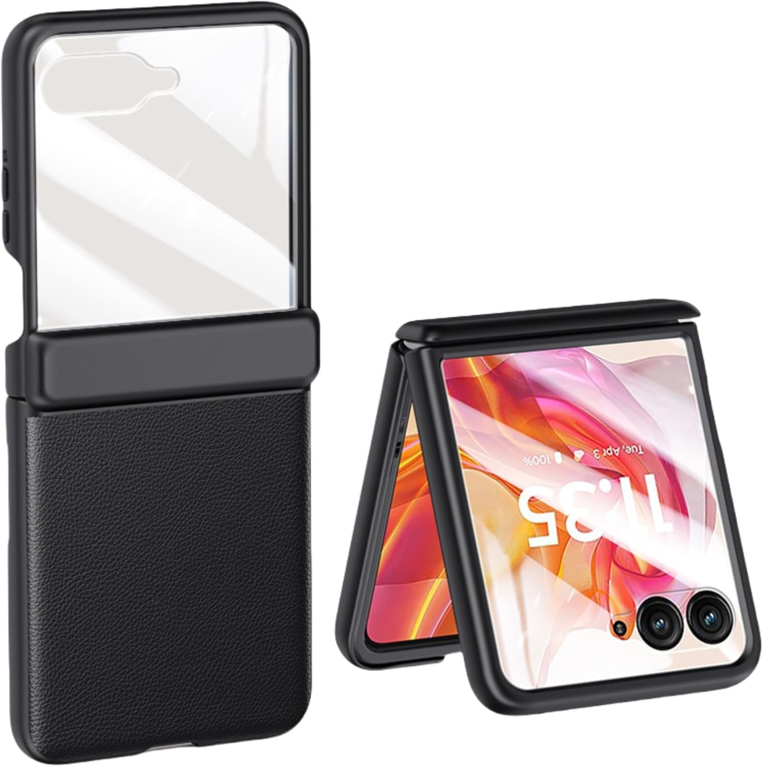 Case for Moto Razr 50 Ultra, Shockproof Leather Case with Built-in Hinge Protection and Screen Protector For Razr 50, Black