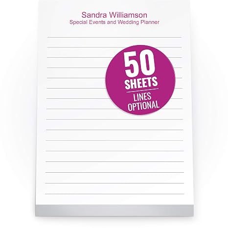 PrintPPS Custom Printed White Notepads 4.25 x 5.5 inches - Colorful Memo Pads Personalized with your Company Name, Ruled Lines or No Lines in Multiple Paper Colors - 50 Note Sheets per Pad - 80 Pads