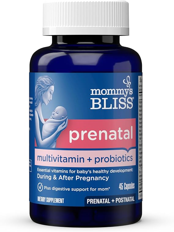 Mommy's Bliss Prenatal Multivitamin + Probiotic for Women, 45 Servings | w/ Folic Acid, Supports Baby Development & Mom's Digestion w/ Zinc, Vitamin B6 & B12, Ginger & Choline, Vegan & Gluten Free