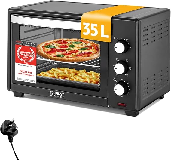 TZS First Austria - Mini Oven 35L 1600W - Small Pizza-Oven with stepless temperature control up to 230°C & non-stick coating - Baking-Oven with 60 min. timer, 3 rack levels, baking tray, grill rack