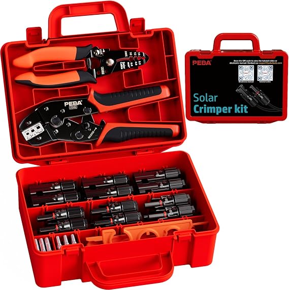 PEBA Crimping Tool and Solar Connectors Kit, Solar Crimper for AWG 16-10 Solar Panel Cable Wire, with 12 Pairs IP68 Solar Connectors & Stripping Pliers | Ratchet Crimp Tool Kit - Solar Installation