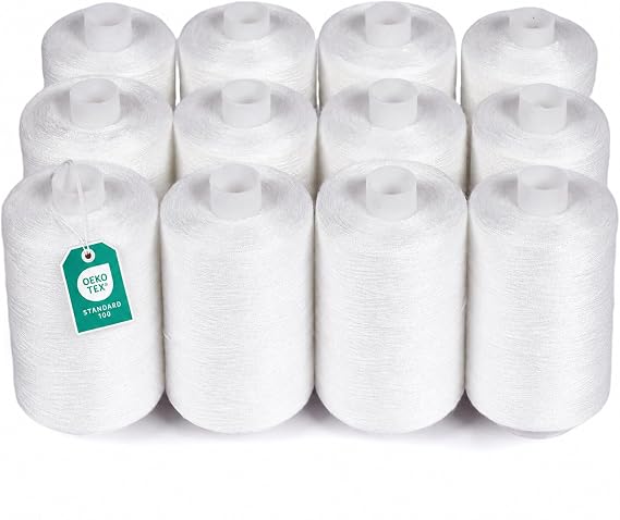 ilauke Sewing Thread 12 Spools, 1000 Yards Each Polyester Thread | All Purpose Thread White Sewing Threads for Sewing Machine, Hand Sewing, Hand Quilting Thread