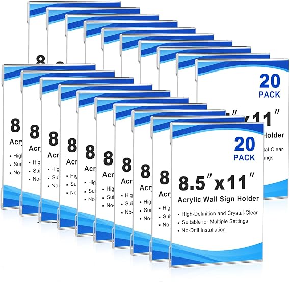 20 Pack Acrylic Sign Holder 8.5 x 11 Wall Mount