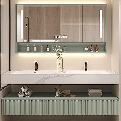 Modern Double Bathroom Vanity - 60IN Bathroom Cabinet with One - Button Defogging & Intelligent Mirror Lamp | 3 Drawers