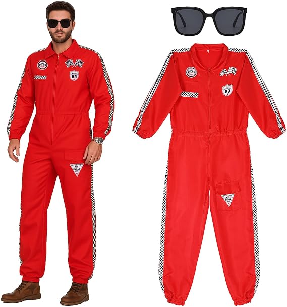 Racing Driver Costume for Men Women, Adults Jumpsuit with Sunglasses for Carnival Halloween Fancy Dress Parties Outfit