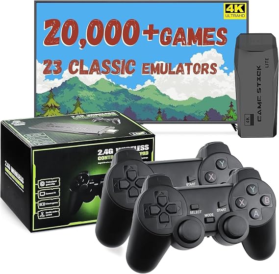 LIUWEI New Retro Gaming Console & Game Stick Pro - 20,000+ Classic Video Games, 23 Emulators, Dual Wireless Controllers, 4K HDMI Output, Plug & Play, Compatible with TV, PC, Projector, 64GB