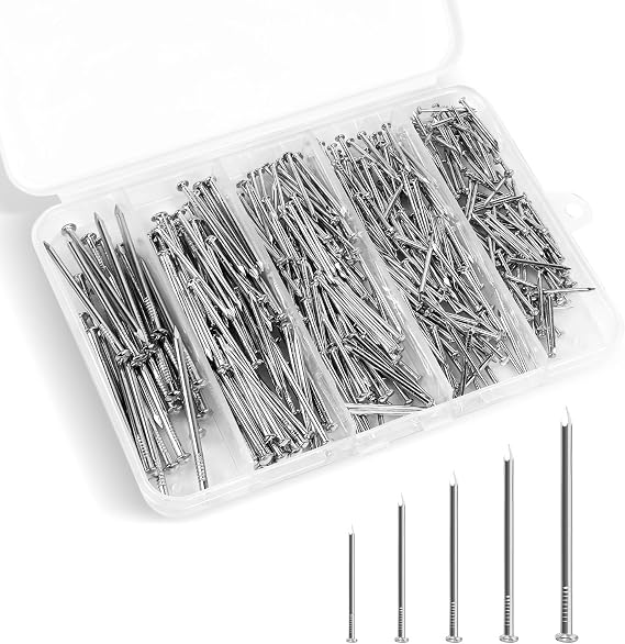 5 Sizes Silver Hardware Nails Assortment Kit, Picture Hanging Nails, Finishing Nails, Wood Nails, Wall Nails for Hanging, Small Nails, 400 PCS