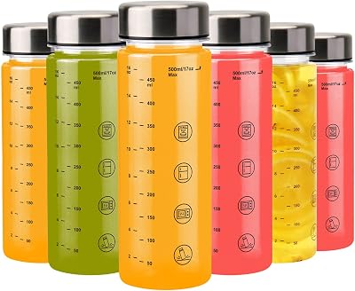 6 Pack Juice Bottles with Caps - Wide Mouth Resuable Clear Plastic Water Bottles for Juicing,Smoothie,Protein, Beverage,Storage Containers,BPA Free,Leakproof Stainless Steel Lid16 Ounces