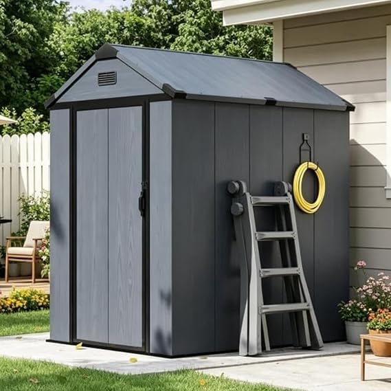 Aoxun 46 FT Resin Shed with Reinforced Floor, Outdoor Storage Shed, All-Weather Plastic Tool Storage with Lockable Door, Window & Vents for Garden, Patio, Bike & Garbage Can, Dark Gray