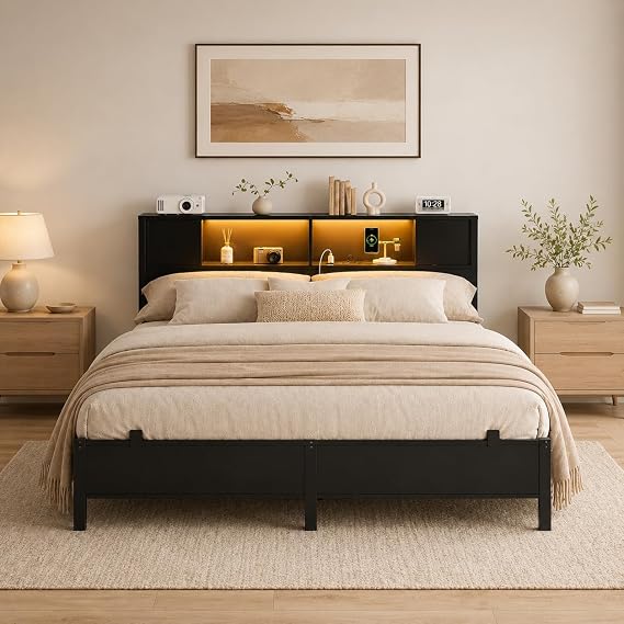 Homieasy Full Size Bed Frame with Storage Headboard and Charging, Black