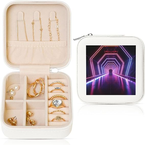 Travel Jewelry Box Leather Small Jewelry Organizer for Women,Portable Jewelry Case Neon Lights Tunnel Display Storage Holder Boxes Mini Travel Case for Necklace Rings
