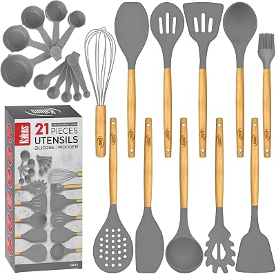 Kitchen Utensils Set, 21 Wood and Silicone Cooking Utensil Set, Non-Stick and Heat Resistant Kitchen Utensil Set, Kitchen Tools