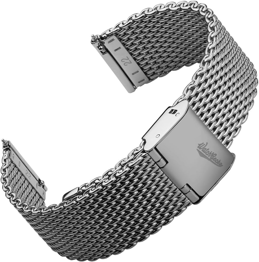 Classic Mesh Watch Strap, Polished or Satin Brushed Finish, 18-22mm. Mens Replacement Stainless Steel Band. Quick Release Spring Bars for Easy Changes