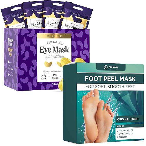 DERMORA Golden Glow Under Eye Patches 50 Pairs and Original Foot Peel Masks 2 Pack