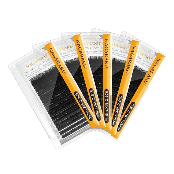 NAGARAKU Eyelash Extensions Individual Lashes 0.05mm C curl 7-15mm Mix Tray Classic Matte Black Soft Natural Faux Mink 16 rows 5 Trays