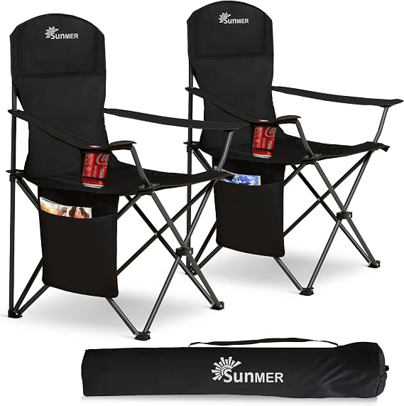 SUNMER Folding Camping Chairs - Set of 2, Extra-Wide Lightweight Outdoor Chairs with Armrests, Cup Holder and a Side Pocket - 120kg Capacity per Chair - Professional Travel & Garden Seating - Black