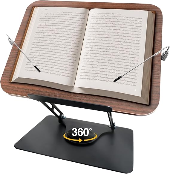 Book Stand for Reading, Adjustable Book Holder with 360Rotating Bases, Foldable Book Holders for Reading Hands Free with Elastic Page Clips,Fits for Book,Recipe,Music Scores, Kindle,Magazines,Tablets