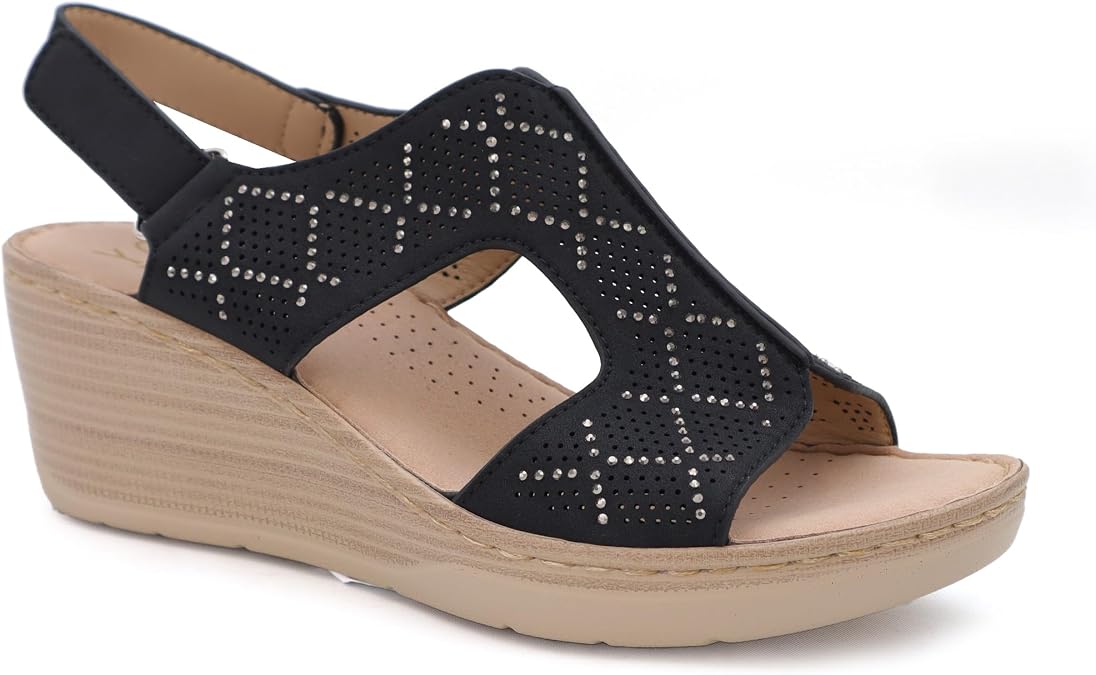 YOKI CRIMSON Wedge Platform Sandals - Slingback Rhinestone Sandals for Women with Perforated Design & Comfort Footbed