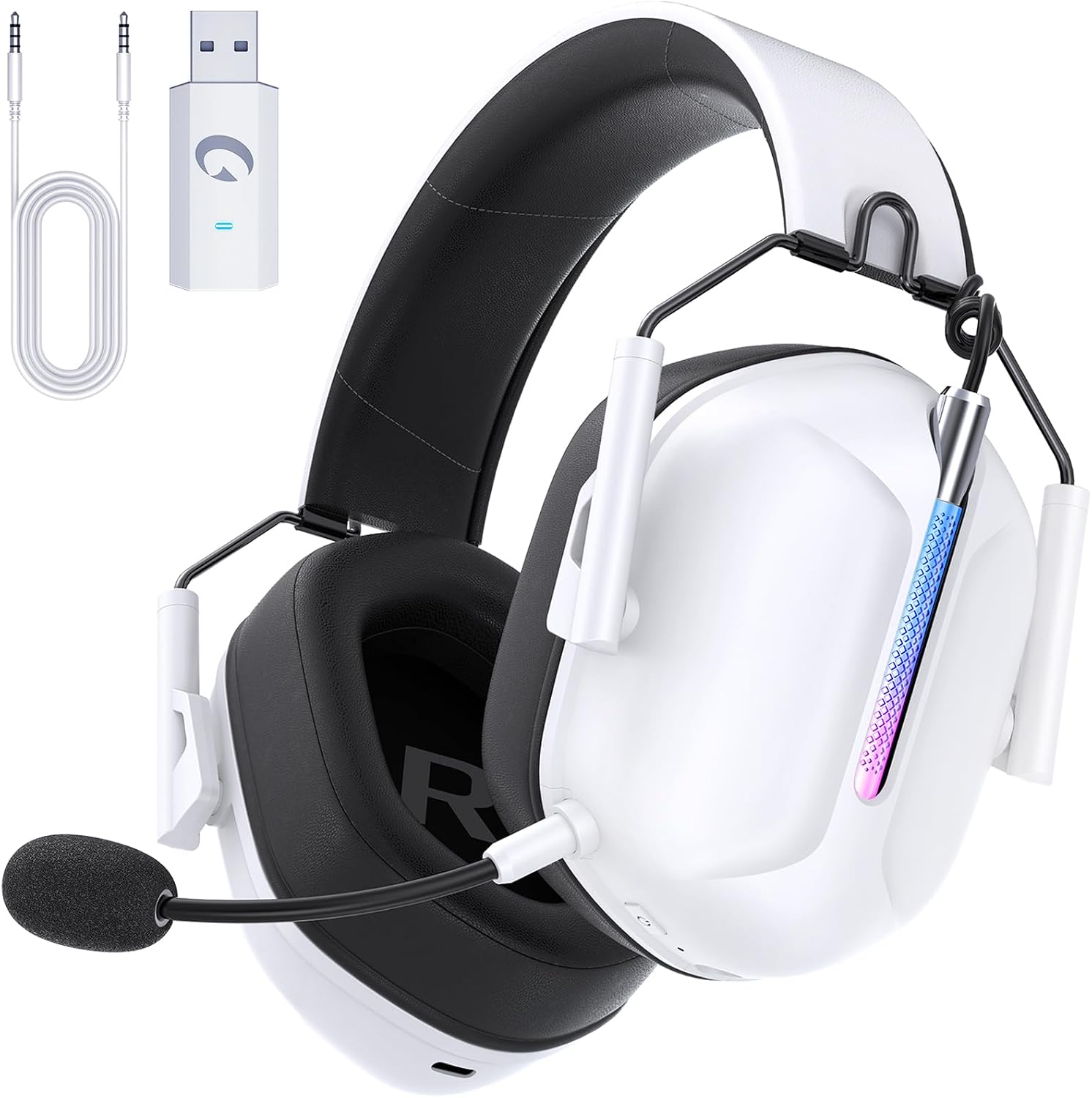 Gvyugke Captain 500 Wireless Gaming Headset, 2.4GHz USB Wireless Headset with Microphone for PS4PS5PCSwitch, Bluetooth 5.2 Gaming Headphones with 40H Battery, RGB Light, Ergonomic Design（White