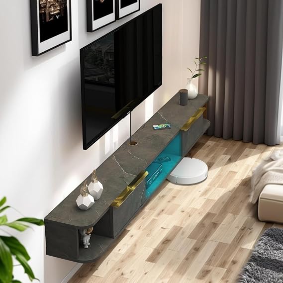 Pmnianhua Floating TV Stand, Wall Mounted Entertainment Center TV Media Console, Floating Shelves with 2 Doors, Floating TV Cabinet Large Storage TV Bench for Living Room (Dark Grey, 160cm)