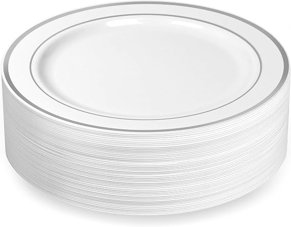 BloominGoods Silver Rimmed Plastic Dinner Plates (100 Pack) 10.25" Inch Heavyweight White Weddings Parties and Events Plates with Real China Look | Disposable or Reusable