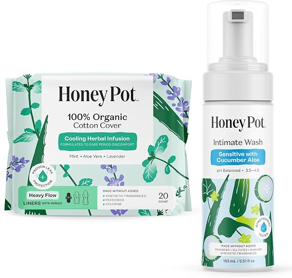 The Honey Pot Company - Heavy Liners & Cucumber Aloe Feminine Wash Bundle - Pads Infused w/Essential Oils - pH Balanced Feminine Products - Sanitary Pads - Feminine Care