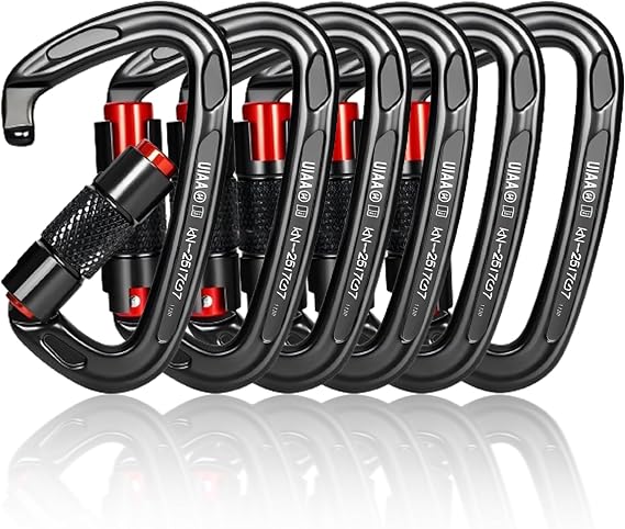 UIAA Certified 25KN Carabiner Heavy Duty, Auto Locking Carabiners Clips, 6PCS Black Carabiner for Swing, pet Traction,3.93 Inch D Shaped, Large Size