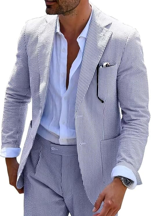 Seersucker Mens Suit 2 Piece Slim Casul Summer Beach Blazer Jacket Pant Tux