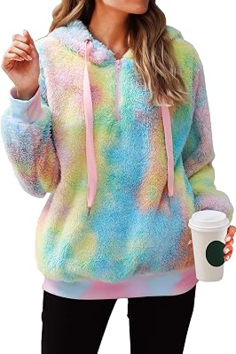 SENSERISE Womens Oversized Tie Dye Sherpa Hoodie Fuzzy Sweatshirts Pullover with PocketsBlueYellow, 2XL