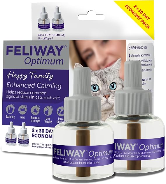 FELIWAY Optimum Cat Calming Diffuser Refill Cat Pheromone Diffuser Refill for Advanced Support to Reduce Stress, Spraying, Scratching, Fighting and Hiding 2 Pack