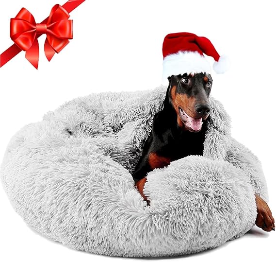 Himax Covered Large Dog Bed with Blanket Attached Calming Burrow Light Grey | 35in Anti-Anxiety Donut dog bed with cover, Washable Round Fluffy Pet& Cat Beds for Indoor