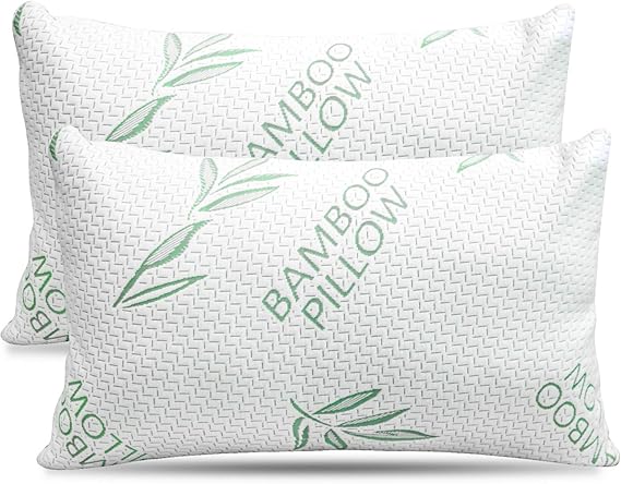 King Size 2 Pack Bamboo Pillow - Bed Pillows for Sleeping, Adjustable with Shredded Memory Foam - Back, Stomach, Side Sleeper, Removable Cover, Cooling Hotel Down Alternative, King Pack of 2