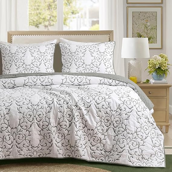 mixinni Floral Twin Size Quilt Set 2-Piece Grey Embroidery Pattern Bedspread Set, (1 Quilt,1 Pillow Shams)-Twin Size