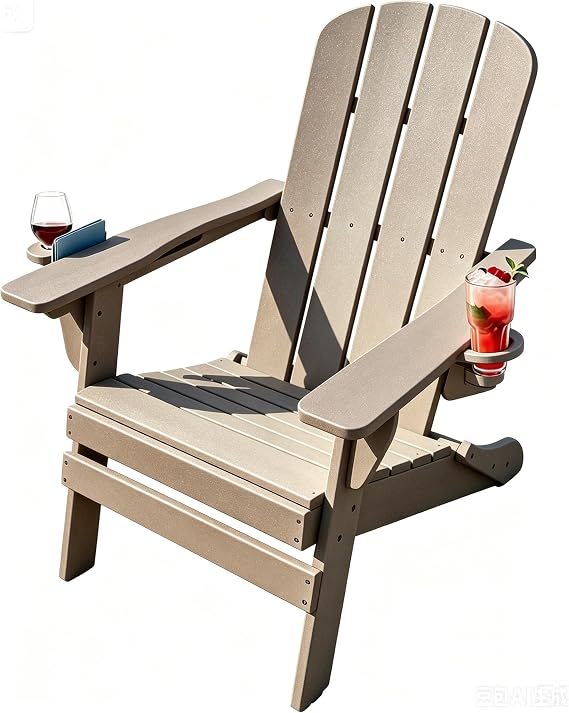 Folding Adirondack Chairs Set with Cup Holder, All-Weather Resistant HDPE Patio Firepit Chairs, Foldable Sturdy Outside Chairs, Lawn Chairs, 80% Pre-Installed Load Capacity 385lb, Khaki