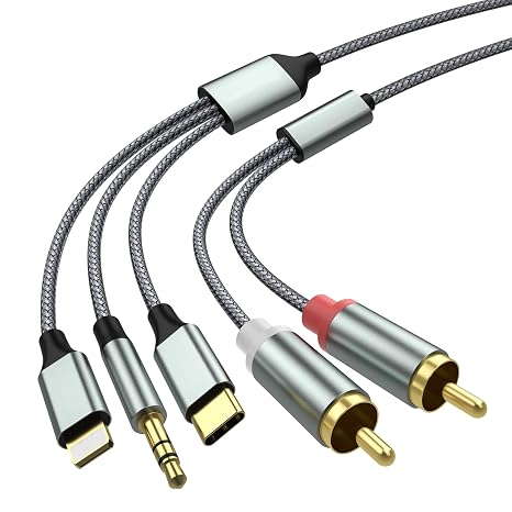 3 in 1 Lightning USB C 3.5mm to 2 RCA Audio Cable for Car Amplifier