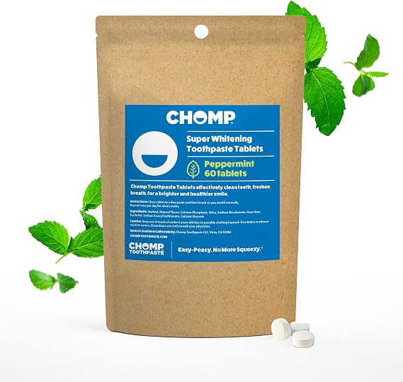 Chomp Super Whitening Toothpaste Tablets Fluoride Free Peppermint Toothpaste Tablets for Whiter Teeth, Fresh Breath & Daily Oral Care, Compostable Refill Pouch, 60 Count