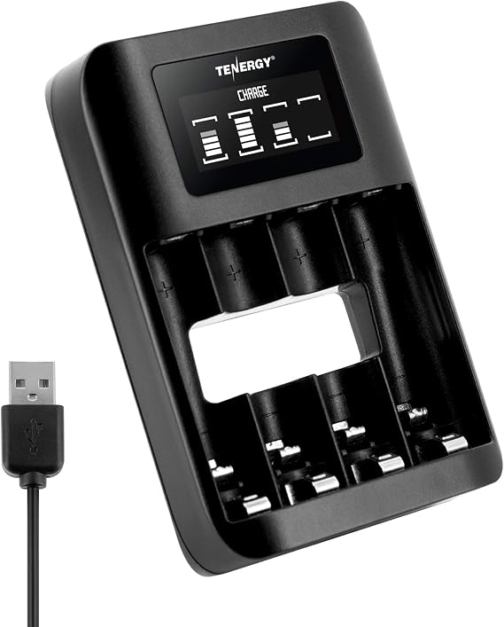 Tenergy TN474U 4-Bay NiMH/NiCD Battery Charger with LCD Display and USB Input, Portable Charger for AA/AAA NiMH and NiCD Batteries
