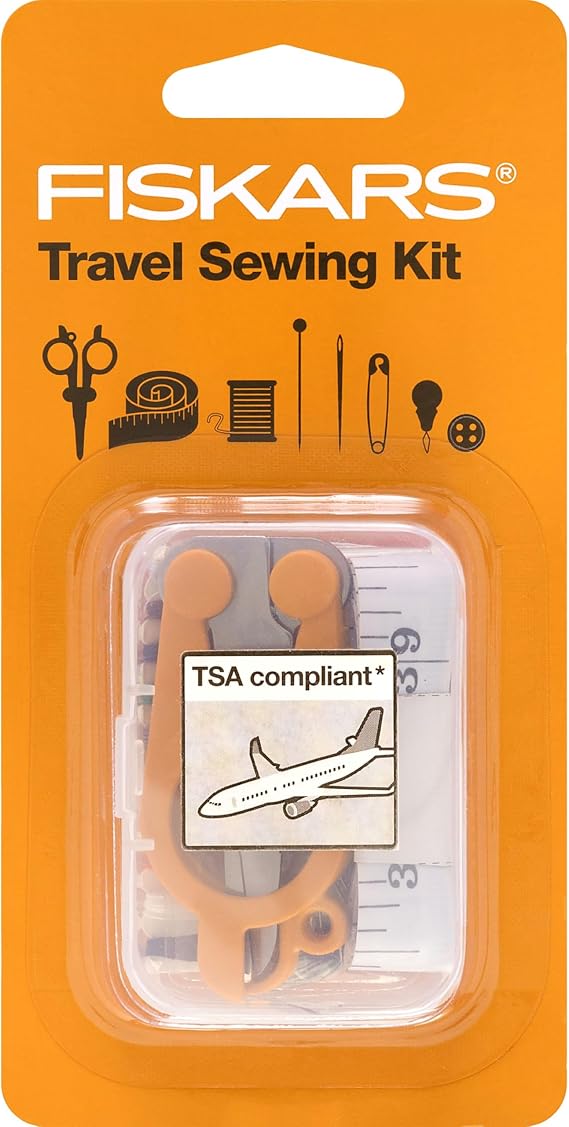 Fiskars 27-Piece Travel Sewing Kit, 39" Measuring Tape, Orange | TSA Compliant Folding Scissors, Repair Set for Buttons and Hemming, Threads, Needles, Small Size for Purses and Carry On