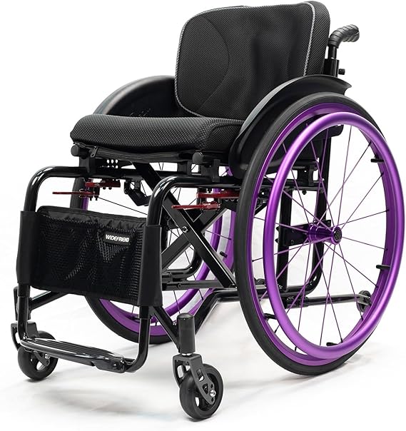 Folding All-Terrain Ultra Lightweight Sports Wheelchair Adjustable Footrest and Seat Height, Handbrakes Quick Release Rear Wheels & Anti-Tip WheelsPurple
