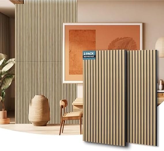 AKUMAX Soundproof Wood Wall Panels-3.5cm Extra Thick 2 Pack Acoustic Panels -Slat Wall Panelling-1200x60CM 3D Wall Panels High Density Sound Dampening Panels (Teak)