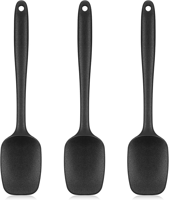 3 Pcs Heat Resistant Silicone Spoon Spatulas, 600oF High Heat Food Safe Semless Kitchen Silicone Spoon Spoonula Scraper Set Cooking Mixing Baking Kitchen Utensils Set (Black)