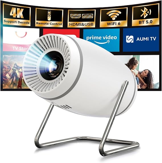 Mini Projector with WiFi 6 and Bluetooth 5.0, Portable Smart Projector 4K 1080P Supported, Auto Keystone Video Projector for Bedroom Home Outdoors (White)