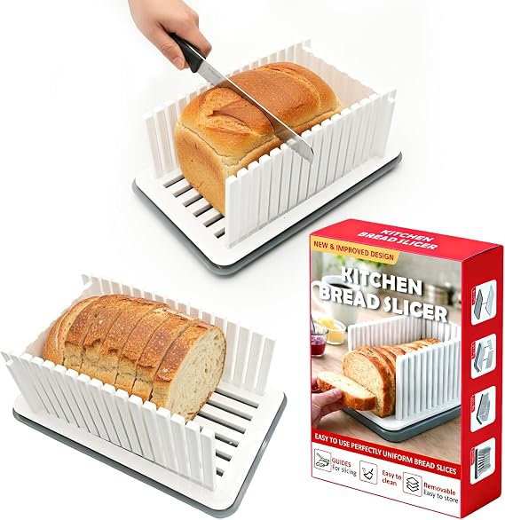 Bread Slicer for Homemade Bread, Adjustable Width Slicing Guide, Foldable and Compact Cutting Guide with Crumb Tray, Suitable for Homemade Bread, Bagels, Cakes
