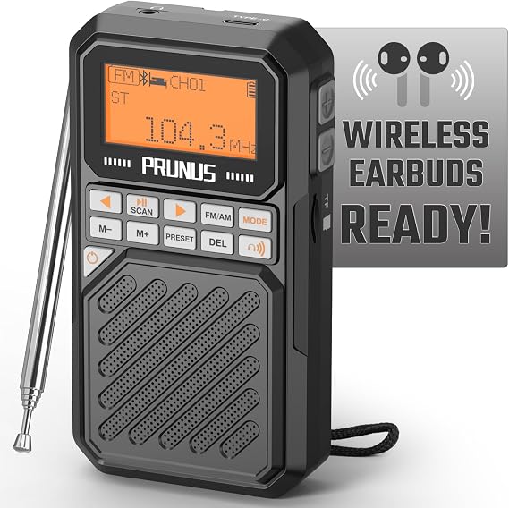 PRUNUS J525 Portable Radio AM FM with Bluetooth Earphone Output, Preset