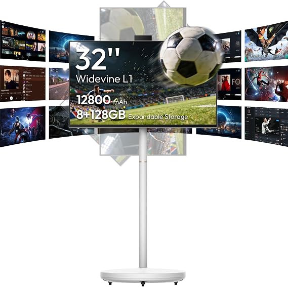 MESWAO 32 Inch Portable Smart TV on Wheels, Widevine L1 for Netflix HD, 12800mAh Battery, Android Rolling TV with 8GB RAM 128GB ROM, 1080P FHD Touch Screen Mobile Screen with Pop-up Privacy Camera
