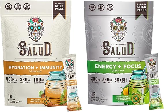 Salud 2-Pack | 2-in-1 Hydration + Immunity (Tamarindo) & Energy + Focus (Cucumber Lime) 15 Servings Each, Agua Fresca Drink Mix, Non-GMO, Gluten Free, Vegan, Low Calorie, 1g of Sugar