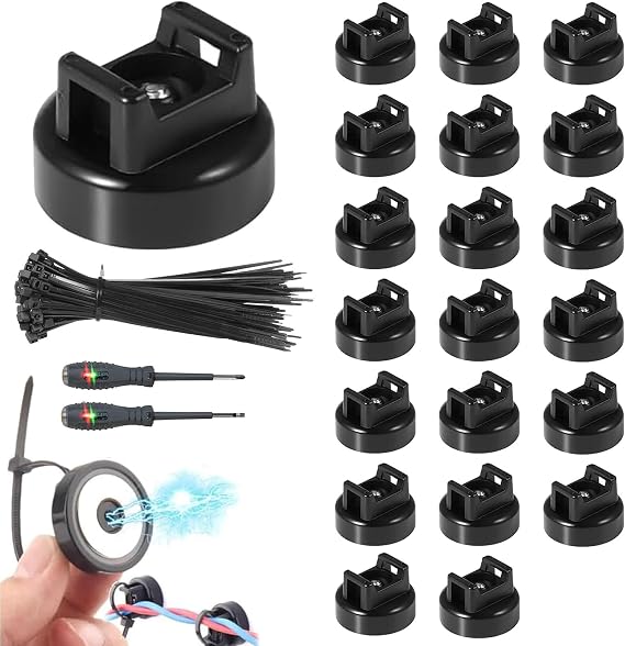 Magnetic Cable Zip Tie Mount Kit, Magnetic Cable Tie Holder for Cable Management, Flexible Magnetic Cable Holder with Nylon Zip Ties, for Home Office Marine (Black-20pcs, 20mm)